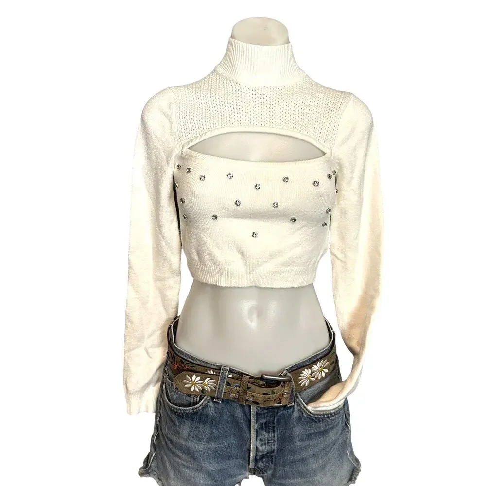Lovers + Friends White Knit Crop Top SMALL Rhinestone Going Out Revolve $218 NEW - Picture 4 of 8